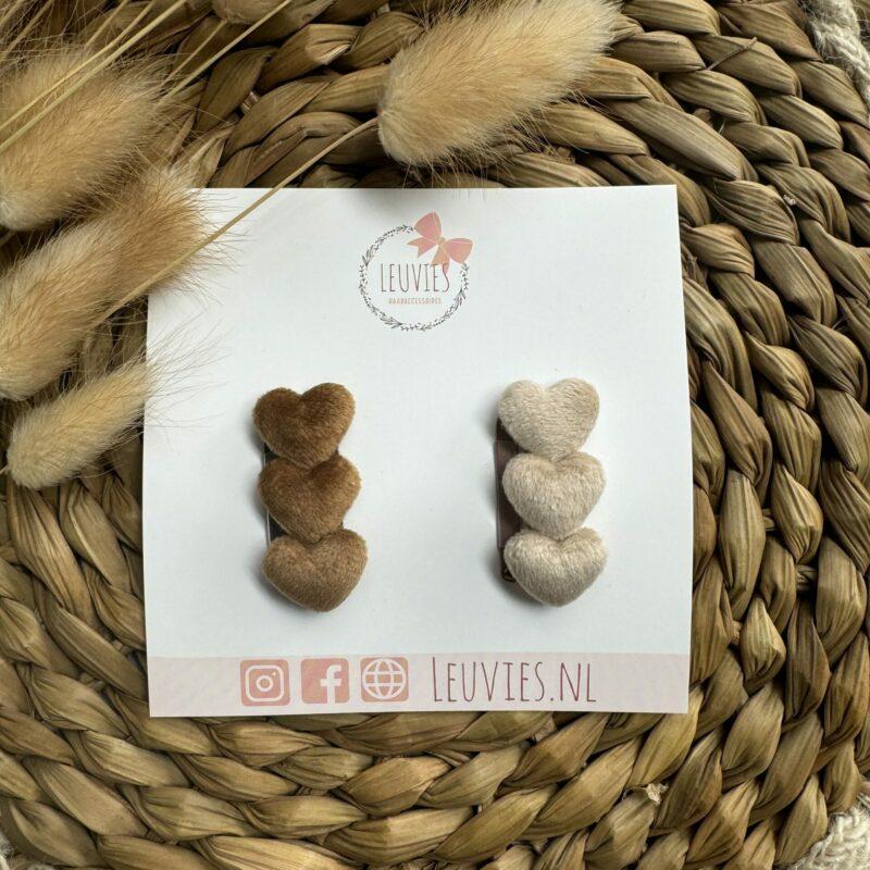 Leuvies setje van 2 antislip haarspeldjes - hartjes velvet - bruin